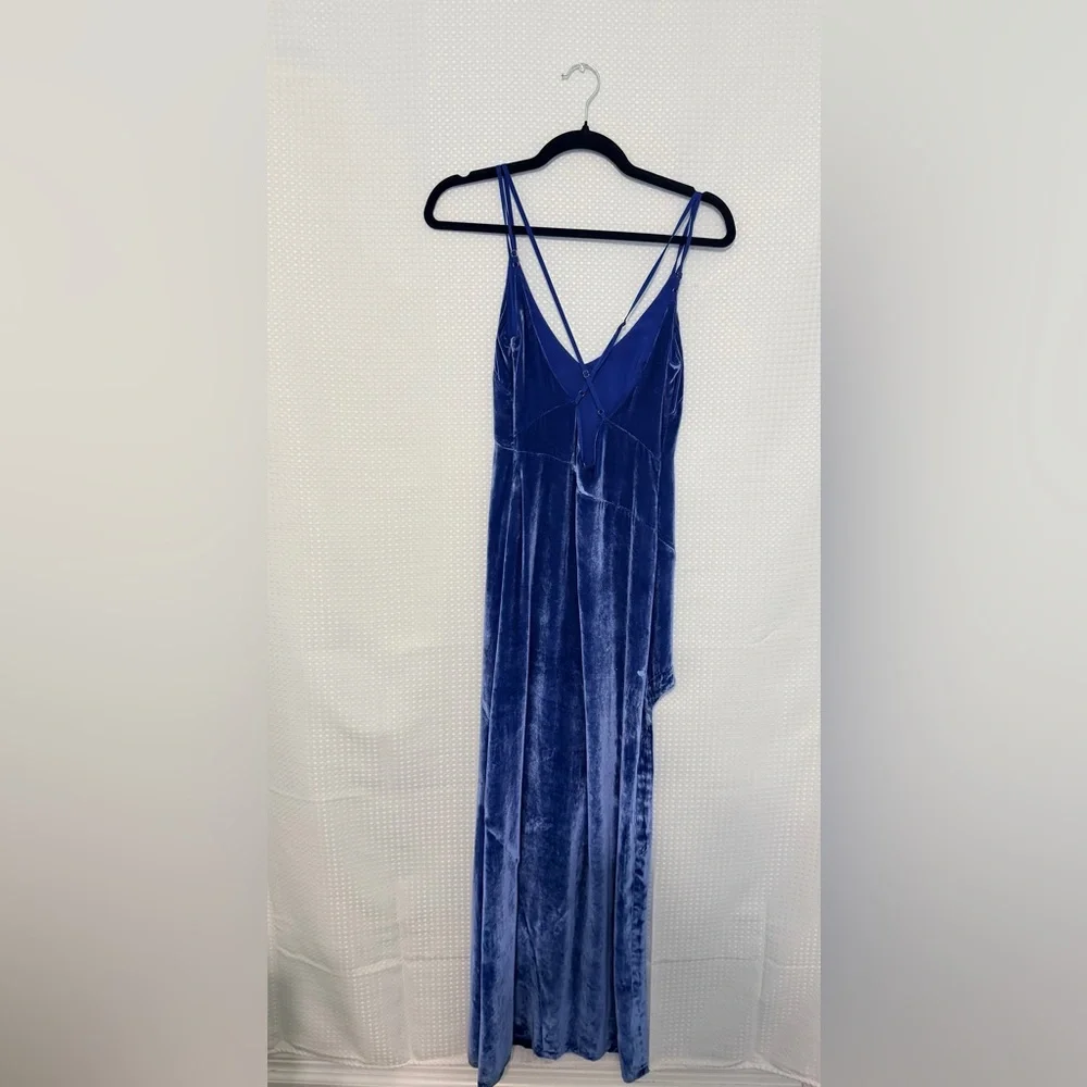 For Love & Lemons Nadine Cobalt Blue Velvet Maxi Dress M Plunging Slit - Picture 8 of 8